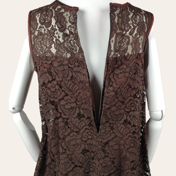 Vintage 1960s Brown Lace Cocktail Dress MOD MCM Tent Flare Satin Bow Lined M - Picture 11 of 12